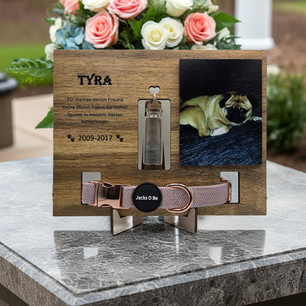 Gedenktafel Hund Tier Foto Aschefläschchen personalisiertes Andenken Grabstein