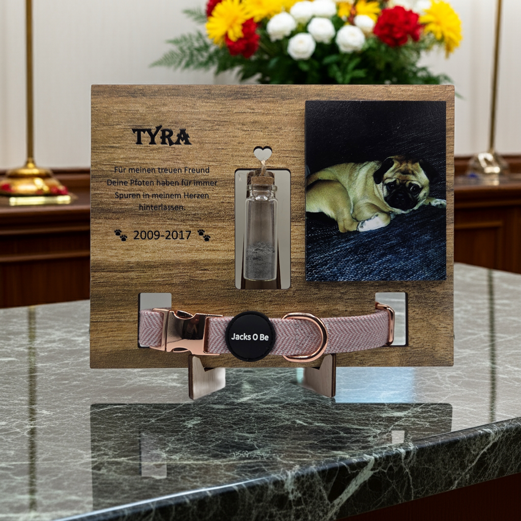 Gedenktafel Hund Tier Foto Aschefläschchen personalisiertes Andenken Grabstein