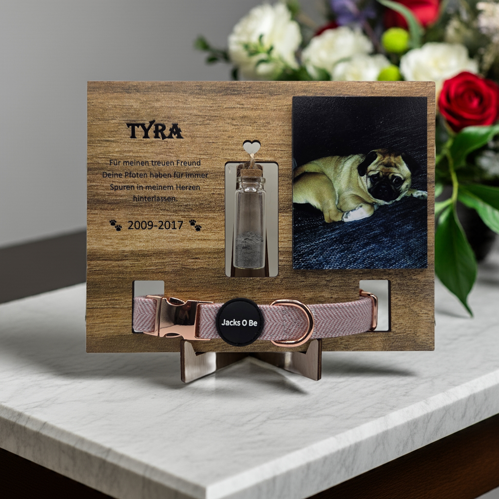 Gedenktafel Hund Tier Foto Aschefläschchen personalisiertes Andenken Grabstein