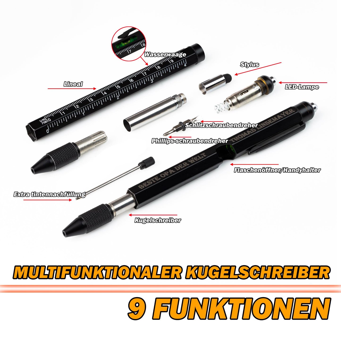 LED-Lampe und Schraubendreher am Kugelschreiber im Einsatz – ideales Geschenk für Bastler, Heimwerker und Technikfans