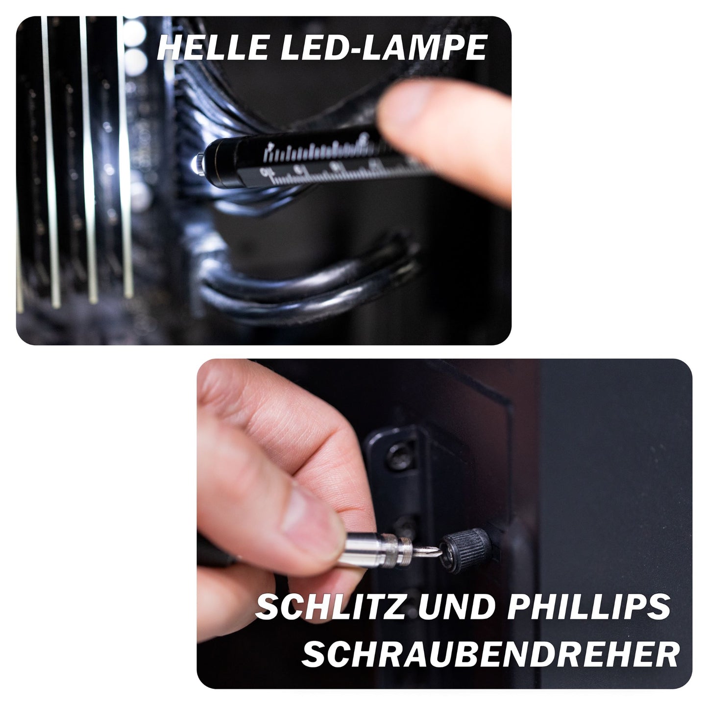 LED-Lampe des Kugelschreibers im Einsatz – perfektes Mini-Werkzeug für Arbeiten an Elektronik oder schwer zugänglichen Stellen