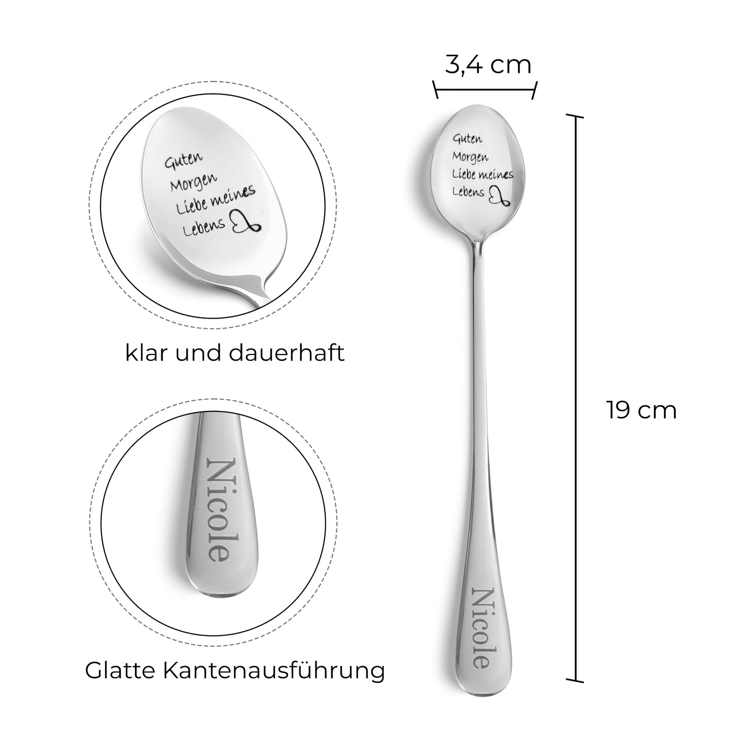 Technische Ansicht: Maße des Löffels mit Gravur – 19 cm Länge, 3,4 cm Breite