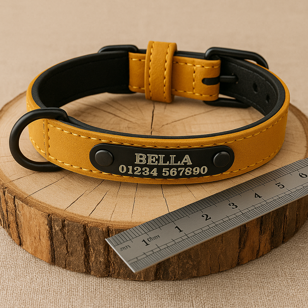 Detailansicht braunes Halsband mit Gravur