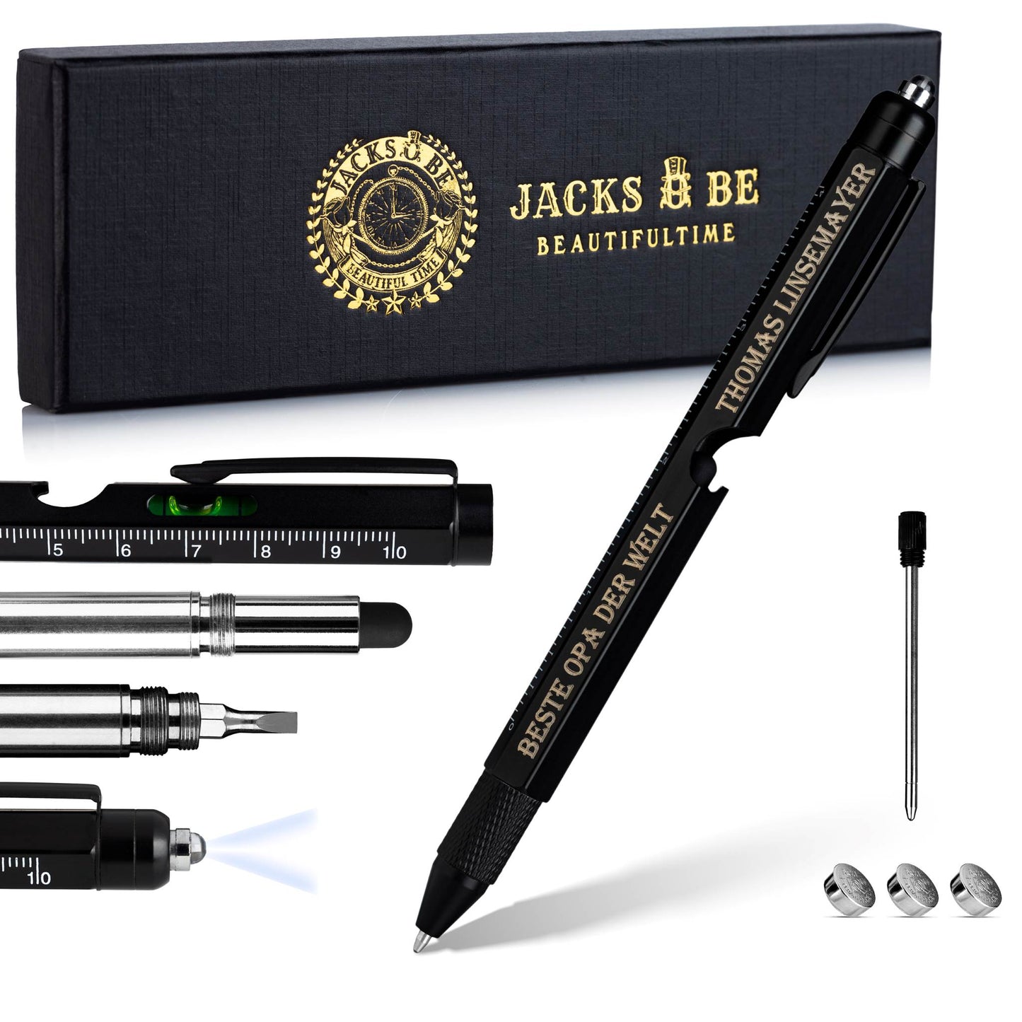 Hochwertiger Multifunktionsstift mit Geschenkbox – personalisierbares Männergeschenk mit Gravur und praktischen Werkzeugfunktionen