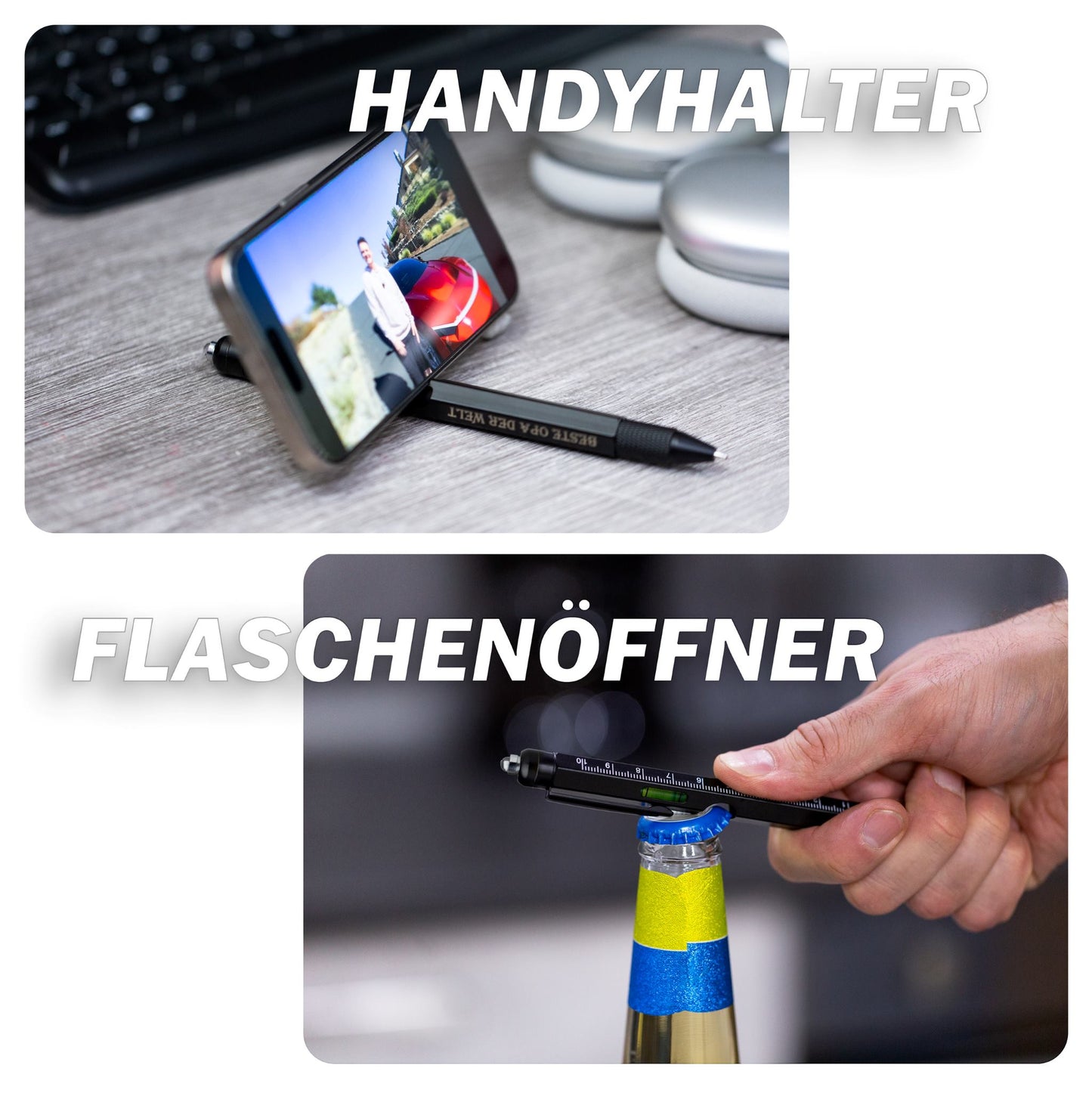 Multifunktions-Kugelschreiber als Handyhalter und Flaschenöffner – cleveres 2-in-1 Gadget für Büro, Alltag und Outdoor