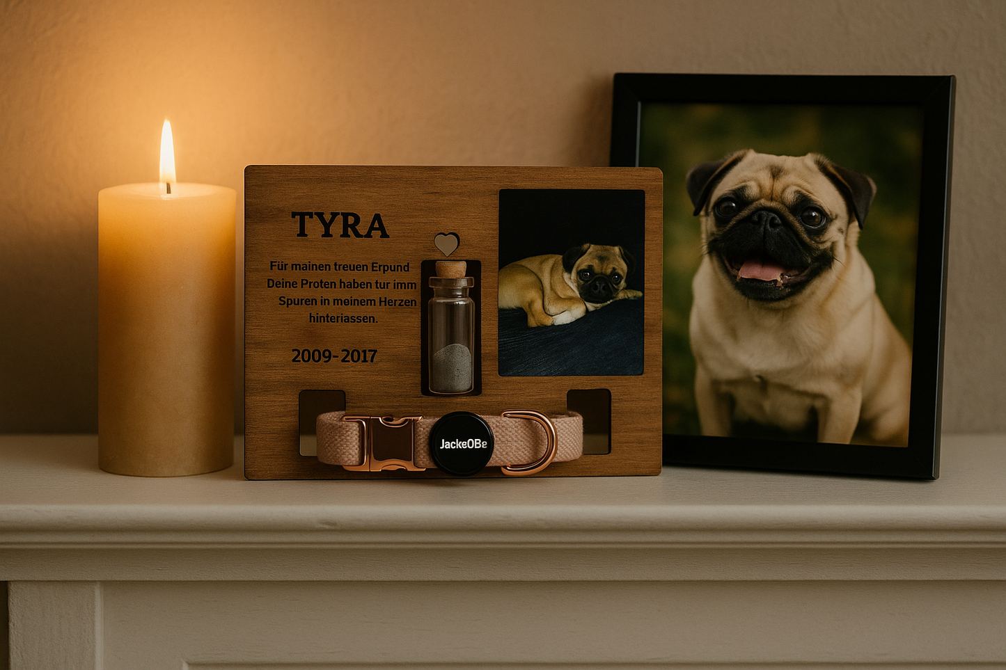 Gedenktafel für verstorbenen Hund mit individuellem Text und Halterung für das Halsband