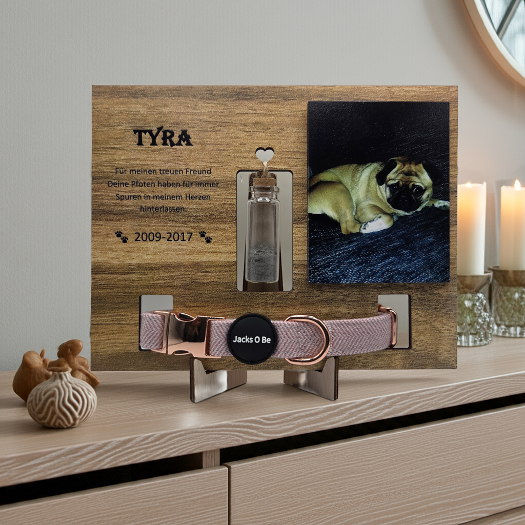 Gedenktafel Hund Tier Foto Aschefläschchen personalisiertes Andenken Grabstein