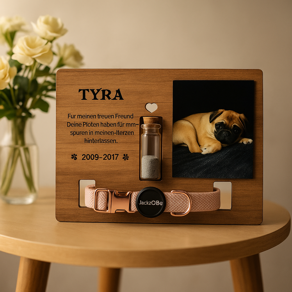 Handgefertigte Gedenktafel für Hunde mit Fotoplatz und personalisierter Gravur des Namens