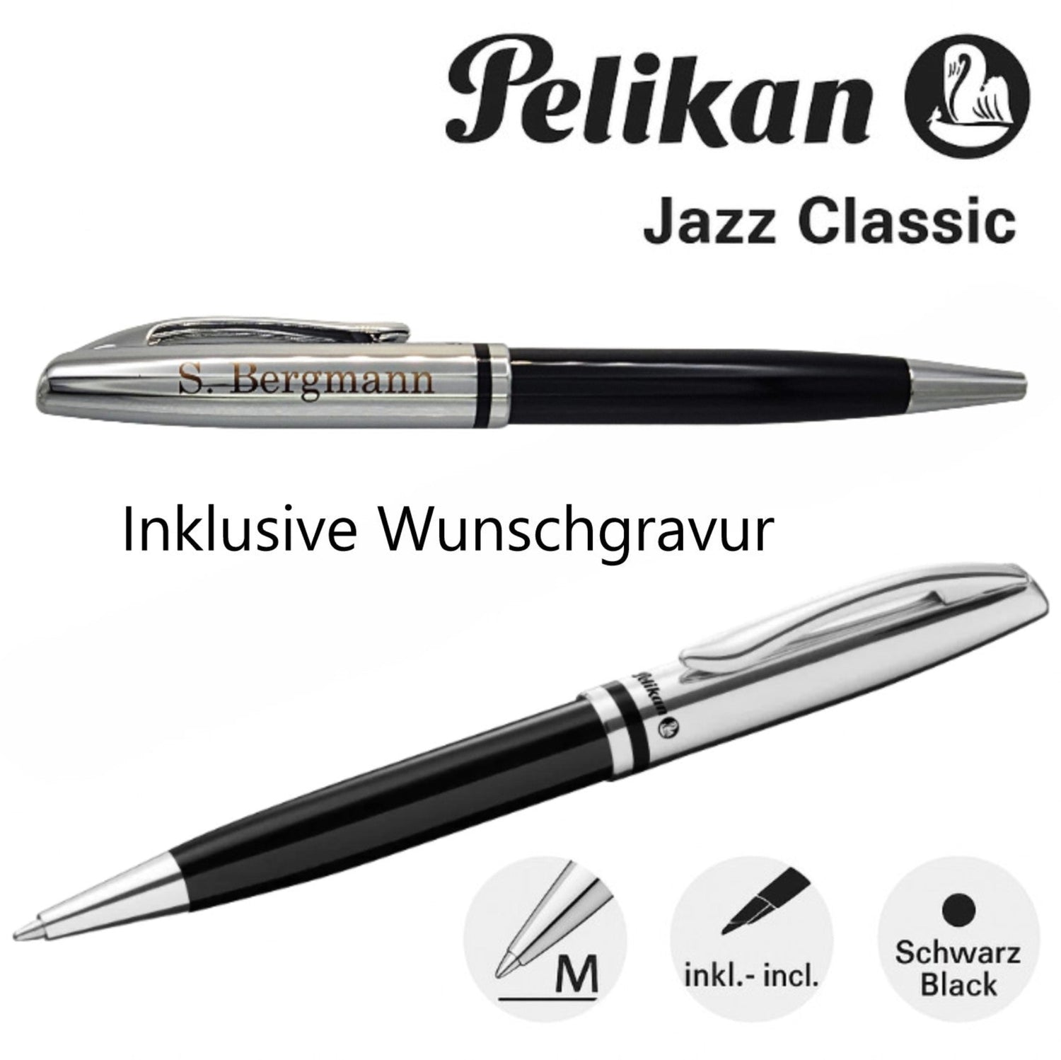 Pelikan Jazz Classic Kugelschreiber in Schwarz mit individueller Gravur – Beispielgravur ‚S. Bergmann‘, inklusive Wunschgravur, Schreibfarbe Schwarz, Strichstärke M