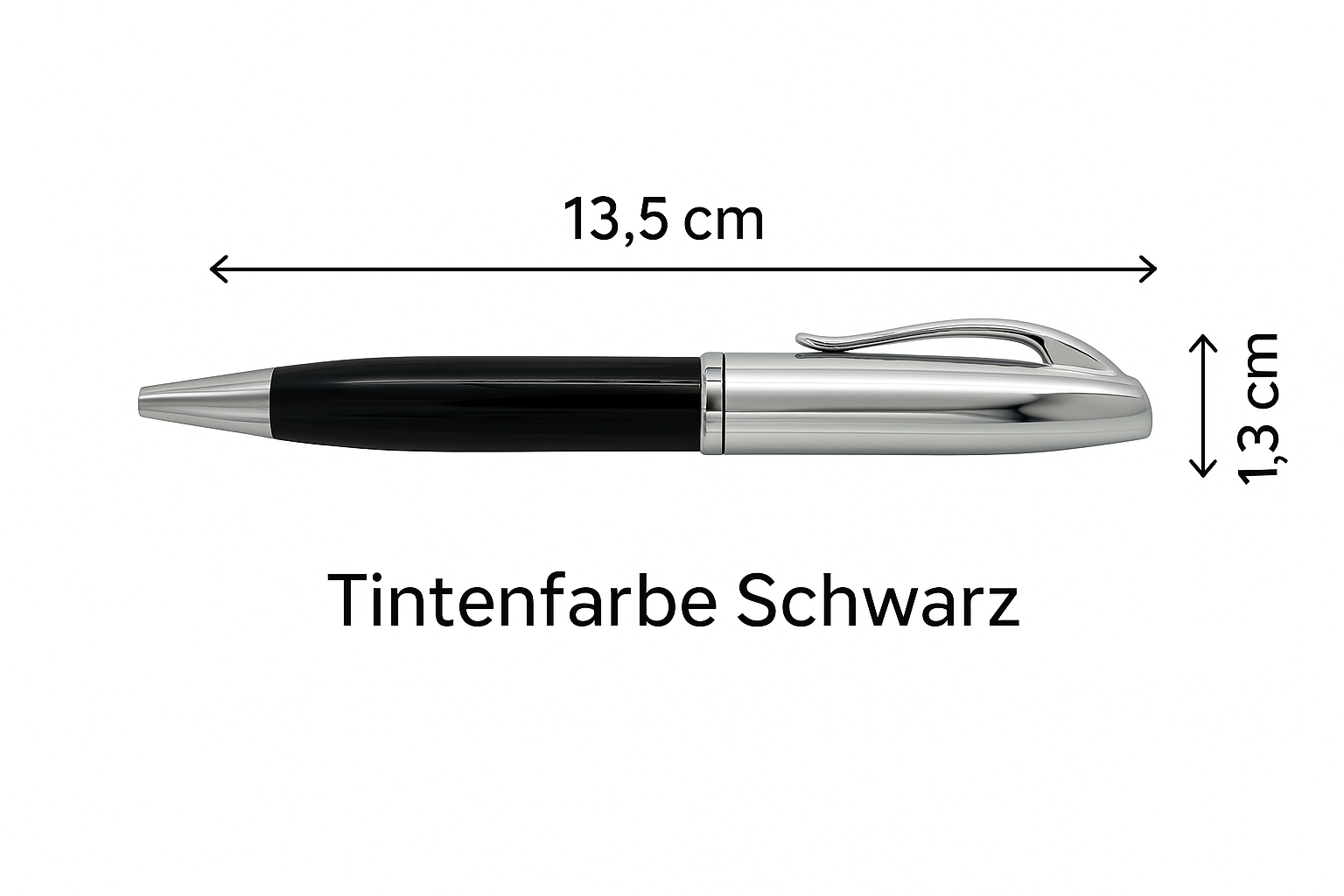 Technische Grafik des Pelikan Jazz Classic Kugelschreibers – Länge 13,5 cm, Durchmesser 1,3 cm, Tintenfarbe Schwarz