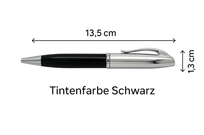 Technische Grafik des Pelikan Jazz Classic Kugelschreibers – Länge 13,5 cm, Durchmesser 1,3 cm, Tintenfarbe Schwarz